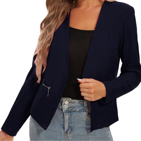 Express Jackets & Blazers - ✨ 4x HP ✨ Navy ✨ Collarless Cropped Zip-Pocket Blazer ✨